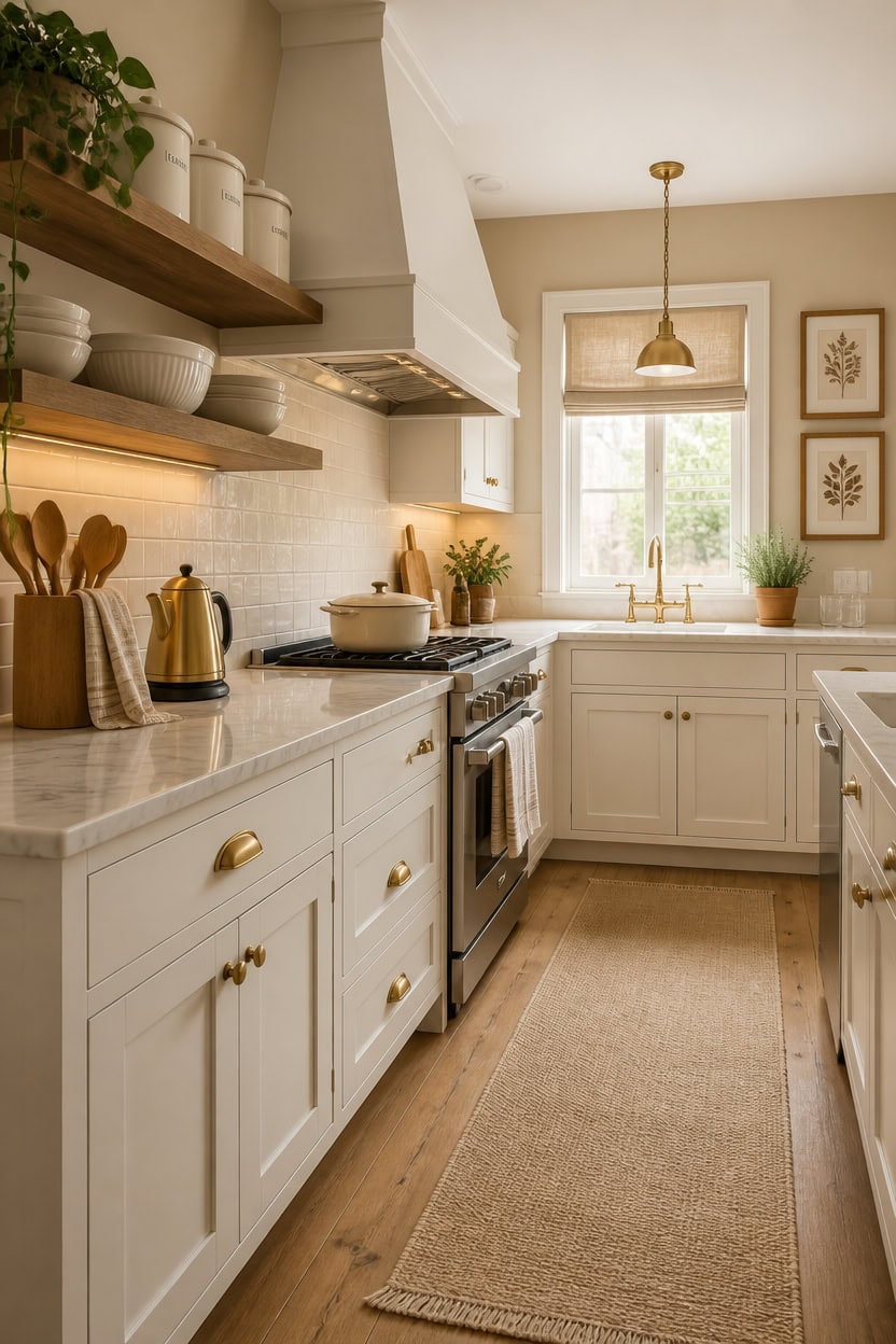 Bright and inviting kitchen featuring white cabinetry, open wooden shelves, and a large window with a view of greenery.