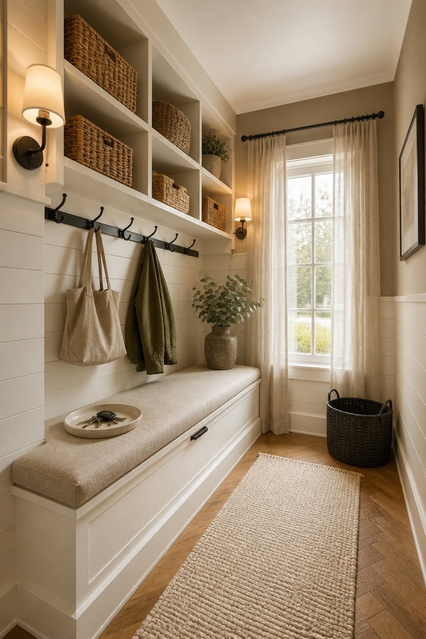 Entryway with built-in storage, hooks for bags, and a window with sheer curtains providing natural light.