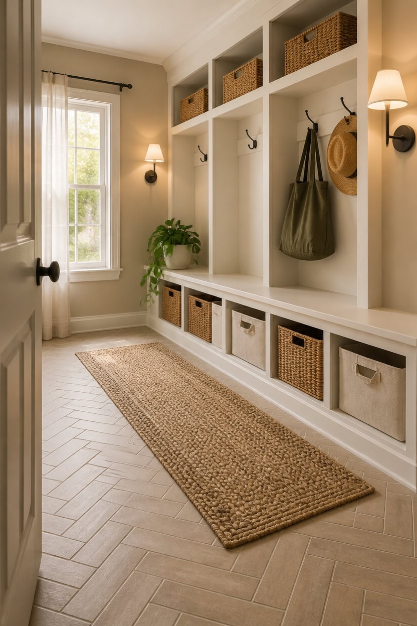 Bright entry hall featuring built-in storage, hooks, and a large window with flowing curtains. Perfect for organizing and wel.