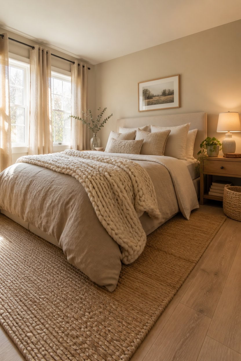 Bright and cozy bedroom with large windows, neutral decor, and soft lighting, perfect for relaxing at Apartment ABC.