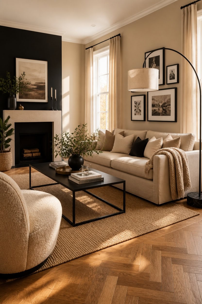 Bright and inviting living room featuring a beige sofa, armchair, and large windows with flowing cur.