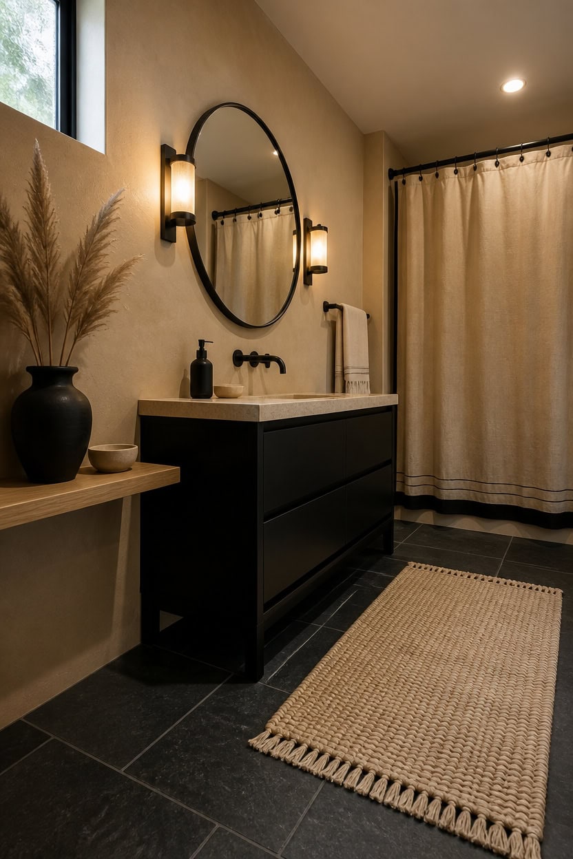 Stylish bathroom with black vanity, round mirror, and warm lighting fixtures.