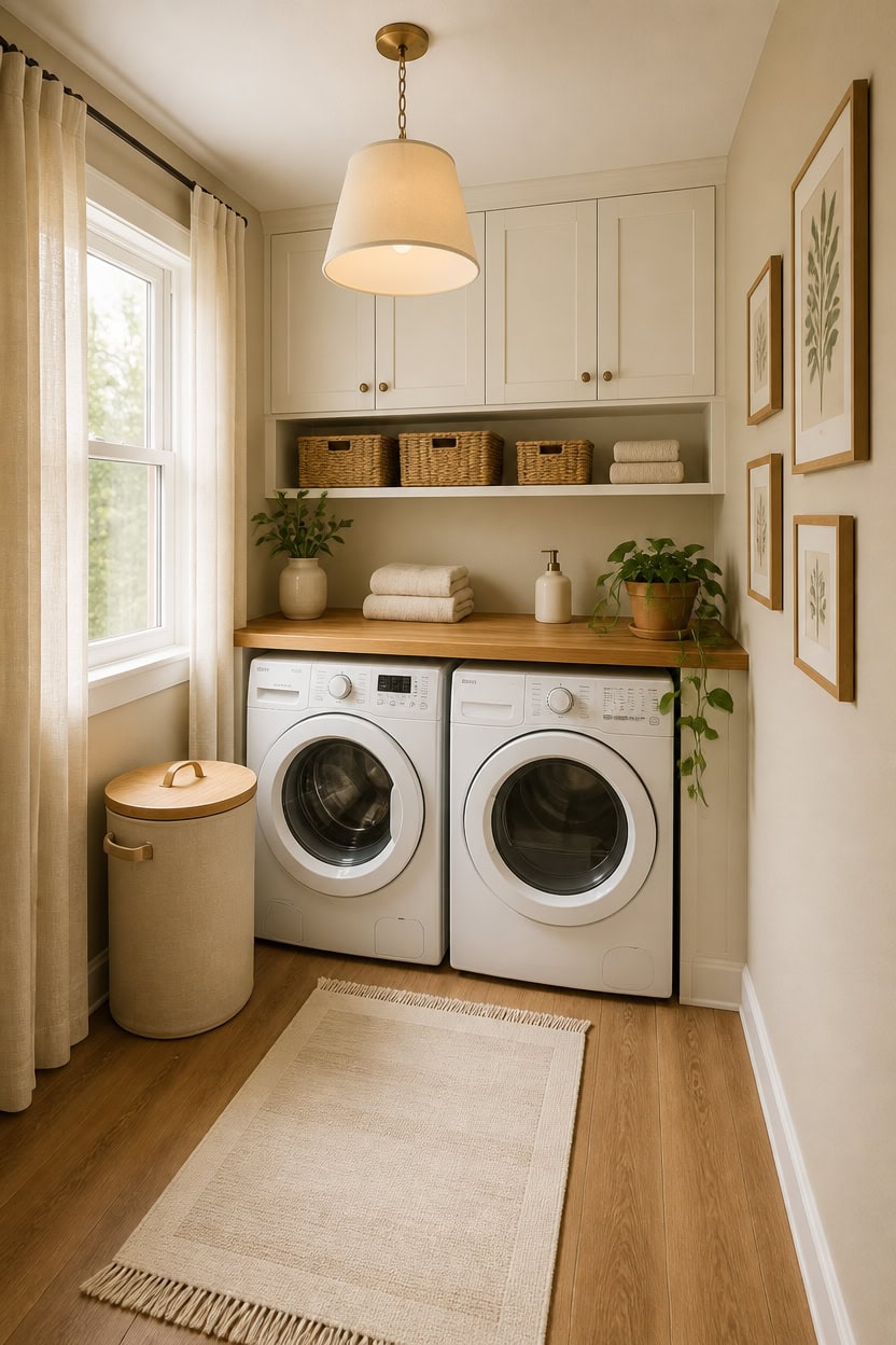 Bright laundry room featuring a washer and dryer with ample storage and decorative plants. Perfect for modern apartment livin.