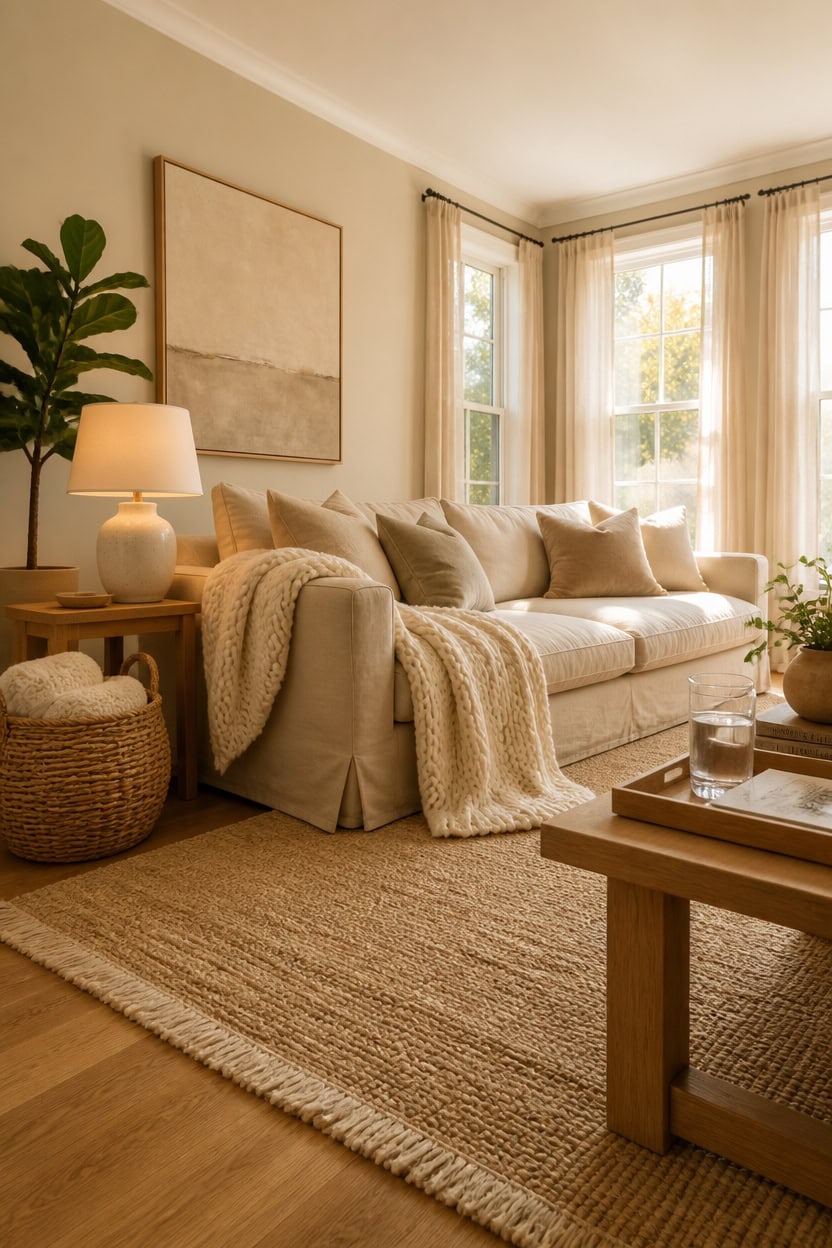 Bright and inviting living room featuring a plush sofa, soft throw blankets, and large windows with sheer curtains.
