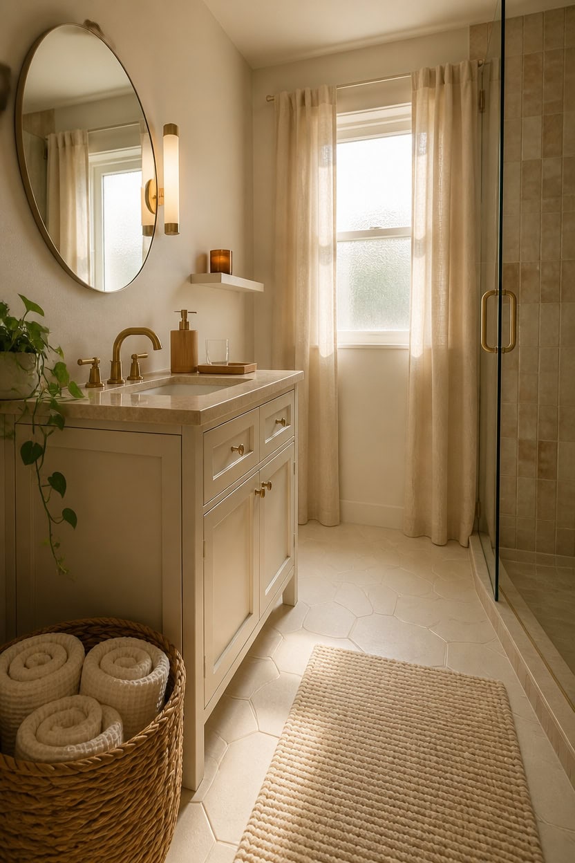 warm beige calms bathrooms