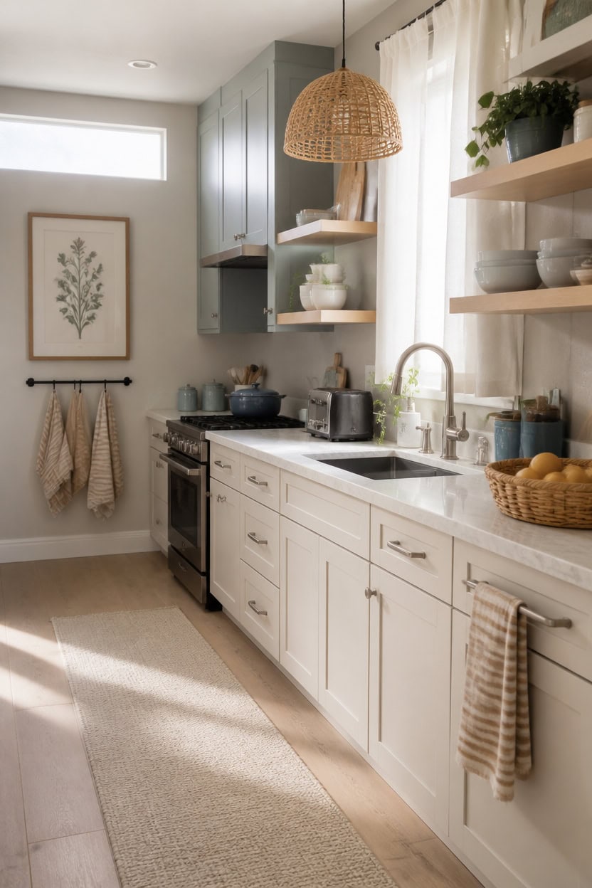 Bright modern kitchen with white cabinets, open shelving, and natural light.