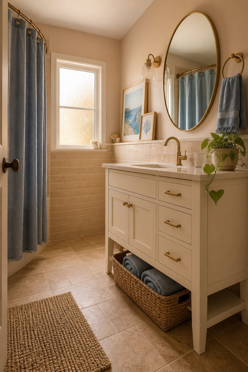 Bright bathroom with a white vanity, round mirror, and blue accents.