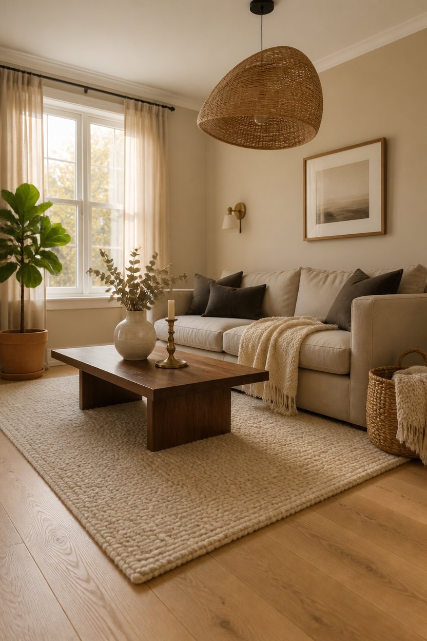 Bright living room with large window, neutral tones, and stylish decor for a comfortable apartment space.