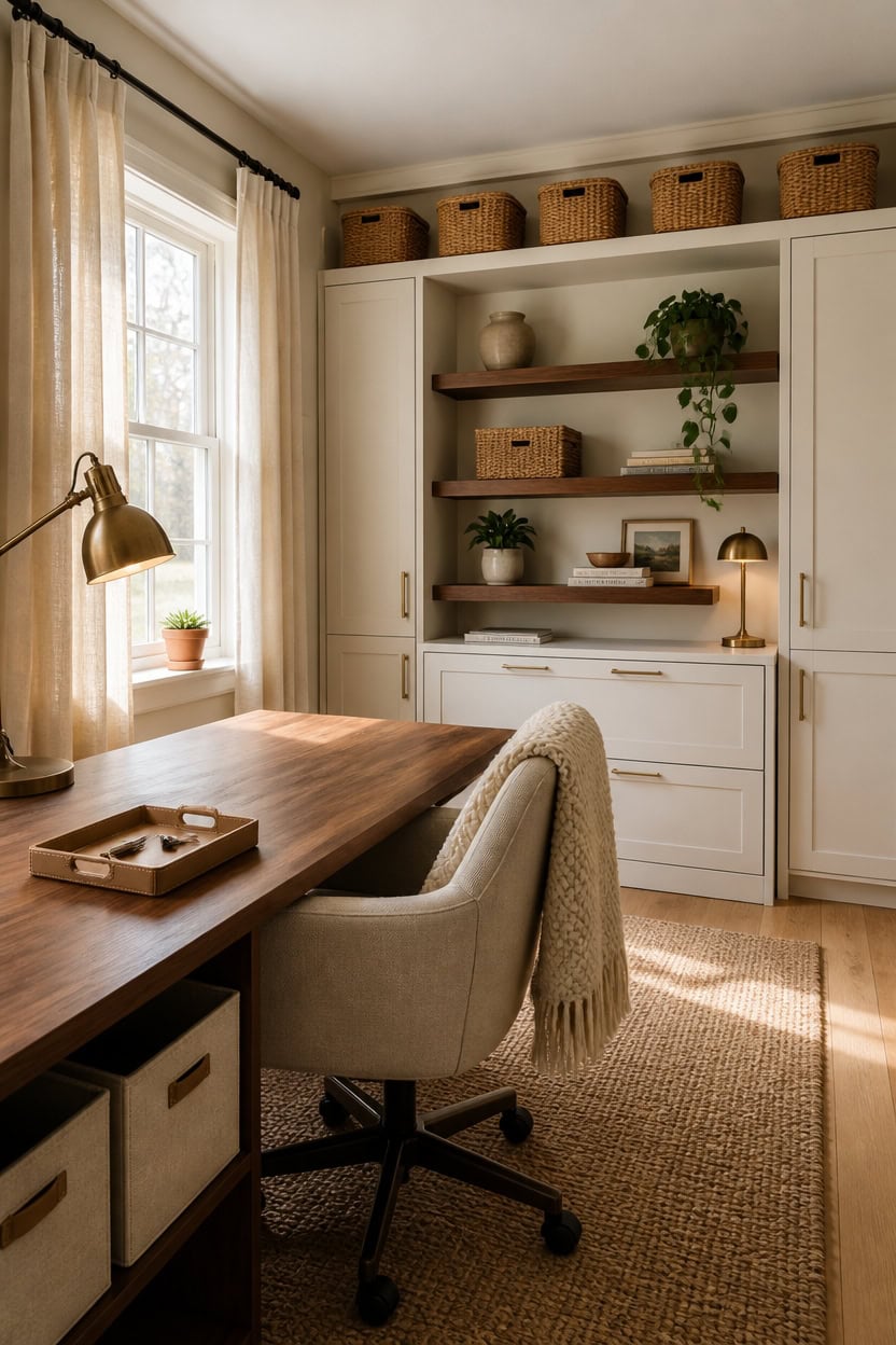 Bright home office featuring a large window and stylish decor.