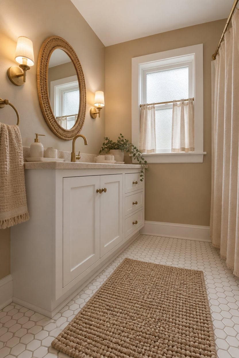 Bright bathroom with a white vanity, oval mirror, and soft beige walls. Features a window with sheer curtains and warm lighti.