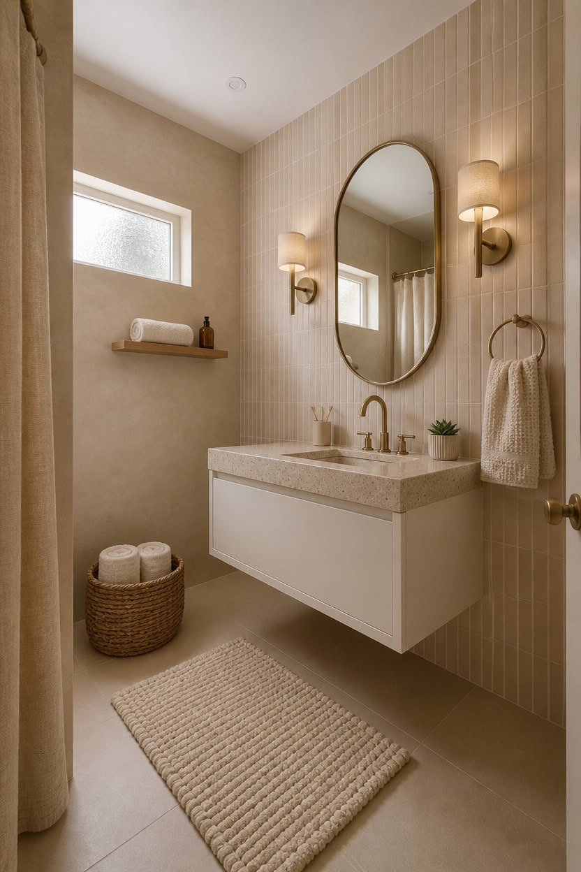 Modern bathroom featuring a sleek vanity, oval mirror, and soft lighting, perfect for apartment living.