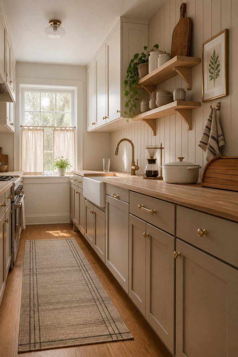 Bright kitchen with white cabinetry, open shelves, and wooden accents, perfect for a comfortable apartment living experience.