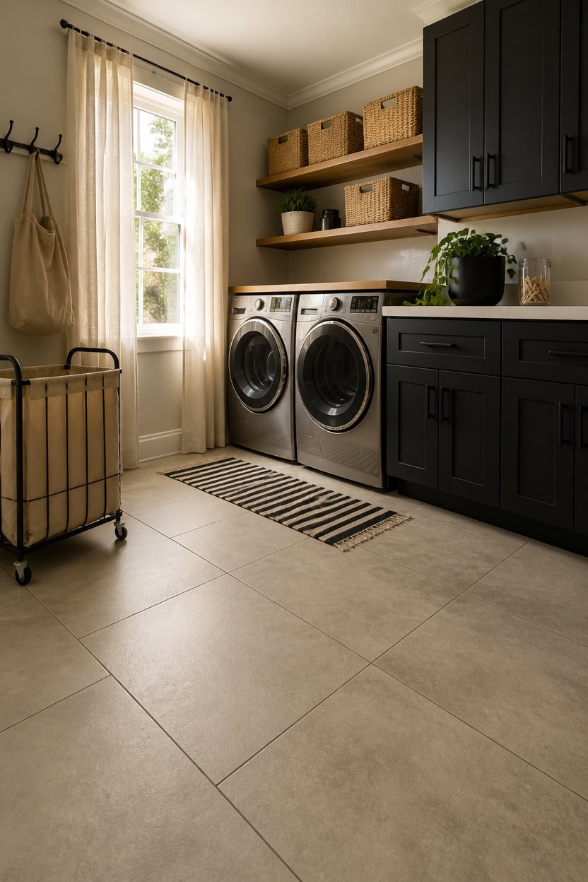 Modern laundry room with washer, dryer, and storage shelves in a bright, inviting space.