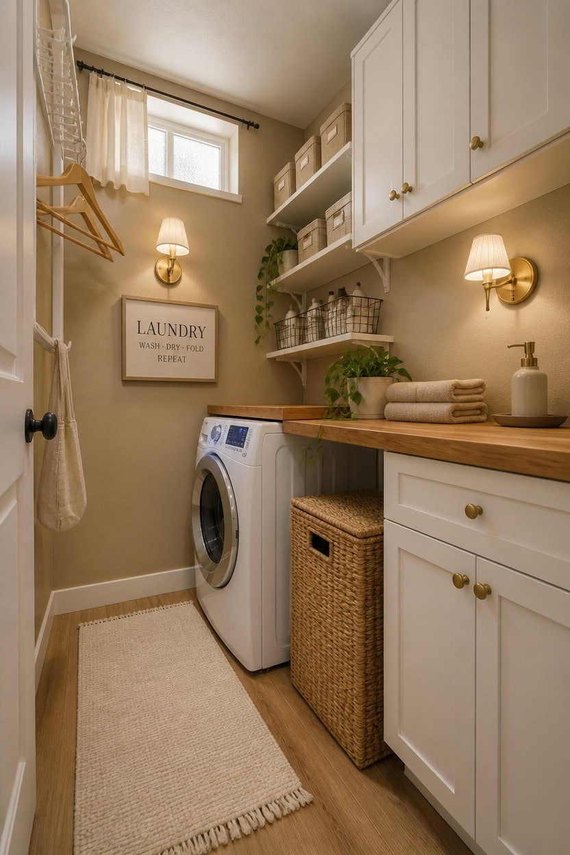 Bright laundry room featuring a washing machine, white cabinetry, and decorative shelving for organized storage.