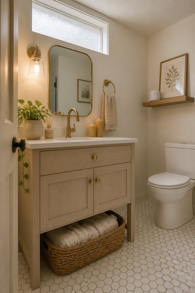 Bright bathroom featuring a light wood vanity, round mirror, and cozy decor with natural accents.