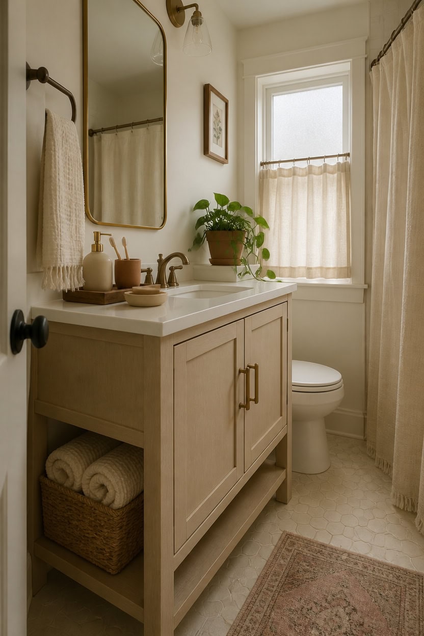 Bright bathroom featuring a white vanity, potted plant, and beige curtains for a warm, inviting atmosphere.
