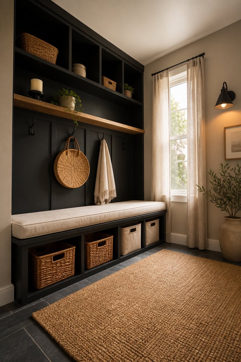 Stylish entryway with built-in black storage, wicker baskets, and natural decor.