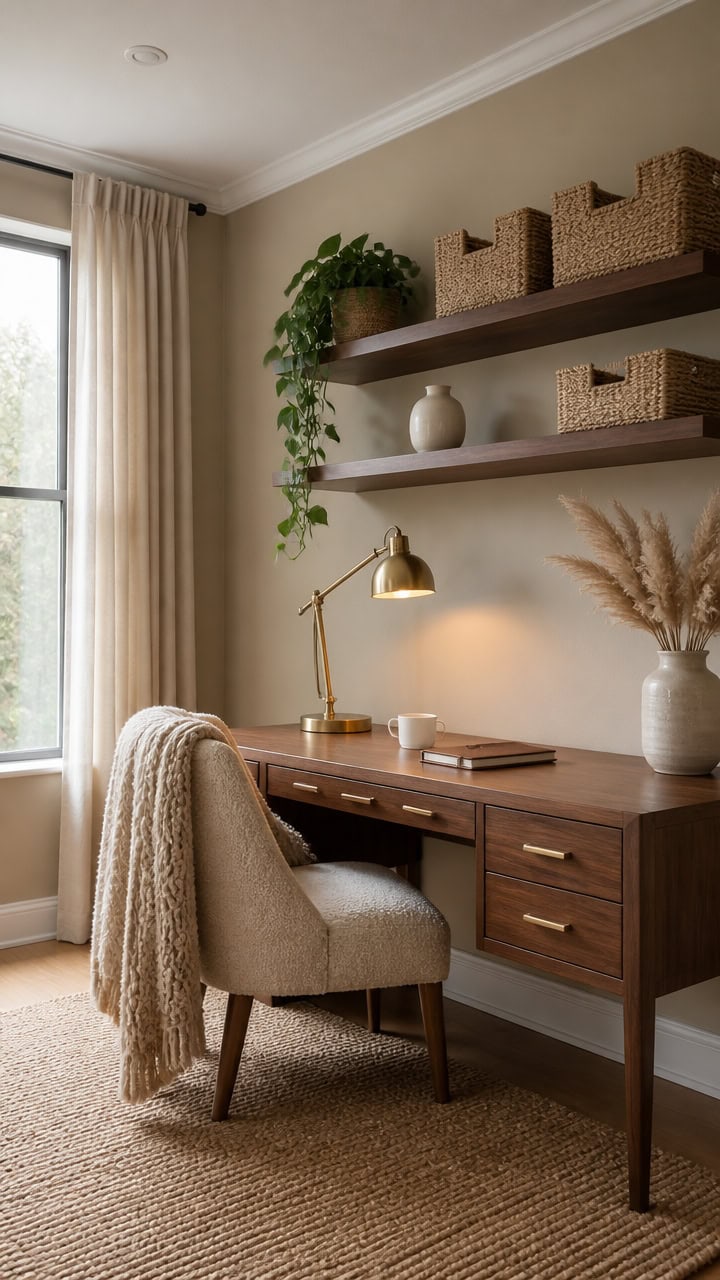 Bright home office with wooden desk, shelves, and cozy decor for a productive workspace.