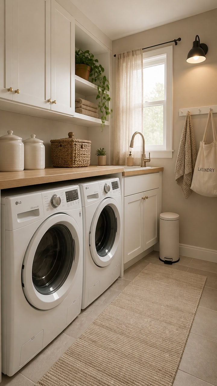 Bright laundry room featuring front-loading washer and dryer, white cabinetry, and natural light from a window.