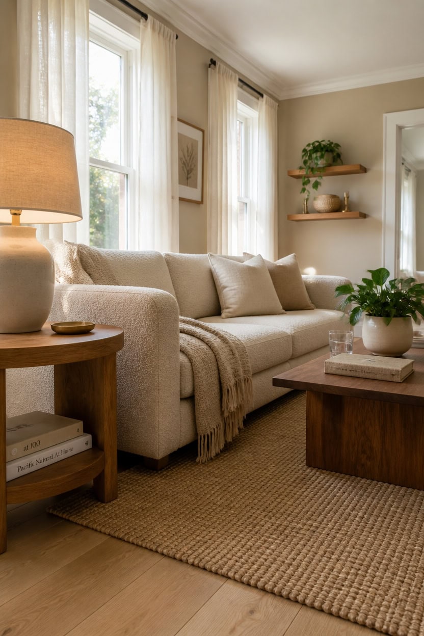 Bright and inviting living room featuring a plush sofa, large windows, and elegant decor. Perfect for relaxing in a stylish a.