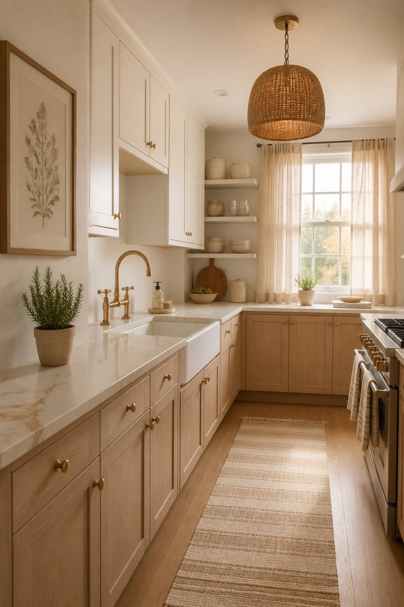 Bright kitchen featuring white cabinetry, gold fixtures, and open shelving. Perfect for cooking and entertaining in a stylish.