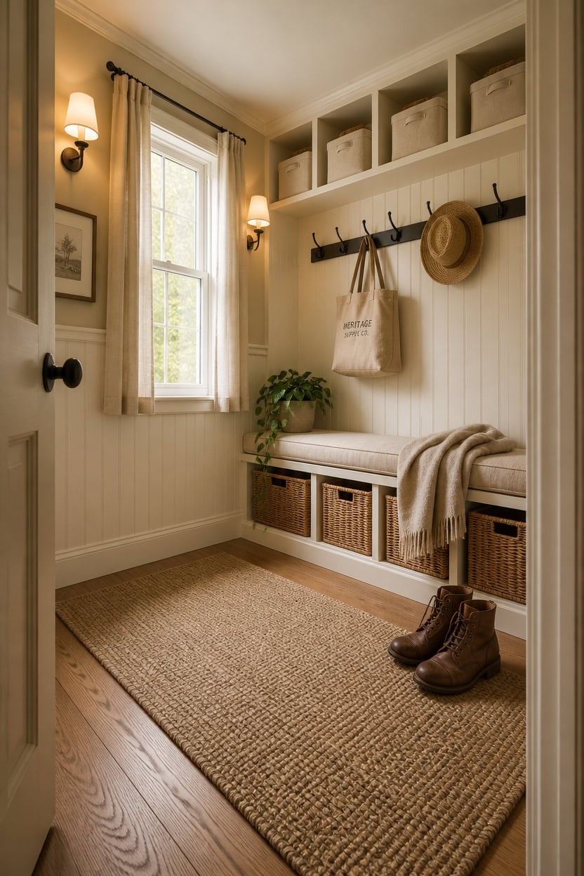 Bright entryway featuring a bench, storage baskets, and wall hooks for organization. Perfect for welcoming guests in a stylis.