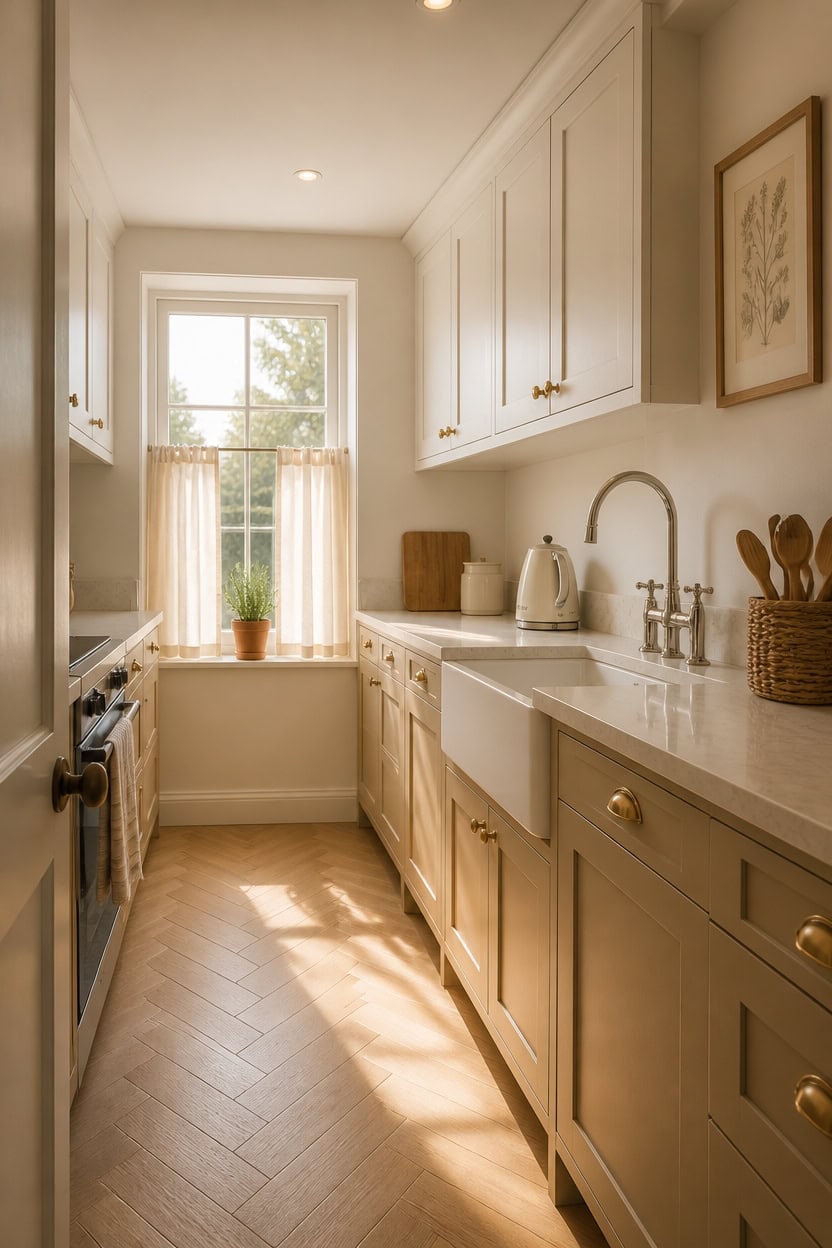 Bright kitchen featuring white cabinetry, a farmhouse sink, and ample sunlight from a large window. Perfect for cooking and r.