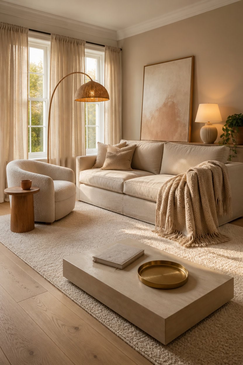 Bright and inviting living room featuring large windows, neutral tones, and modern decor for a comfortable apartment setting.