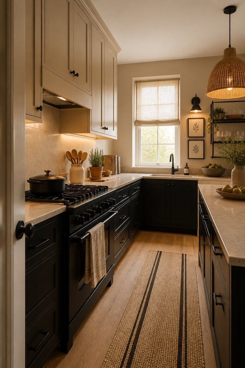 Bright kitchen with beige and black cabinetry, natural light from window, and modern decor.