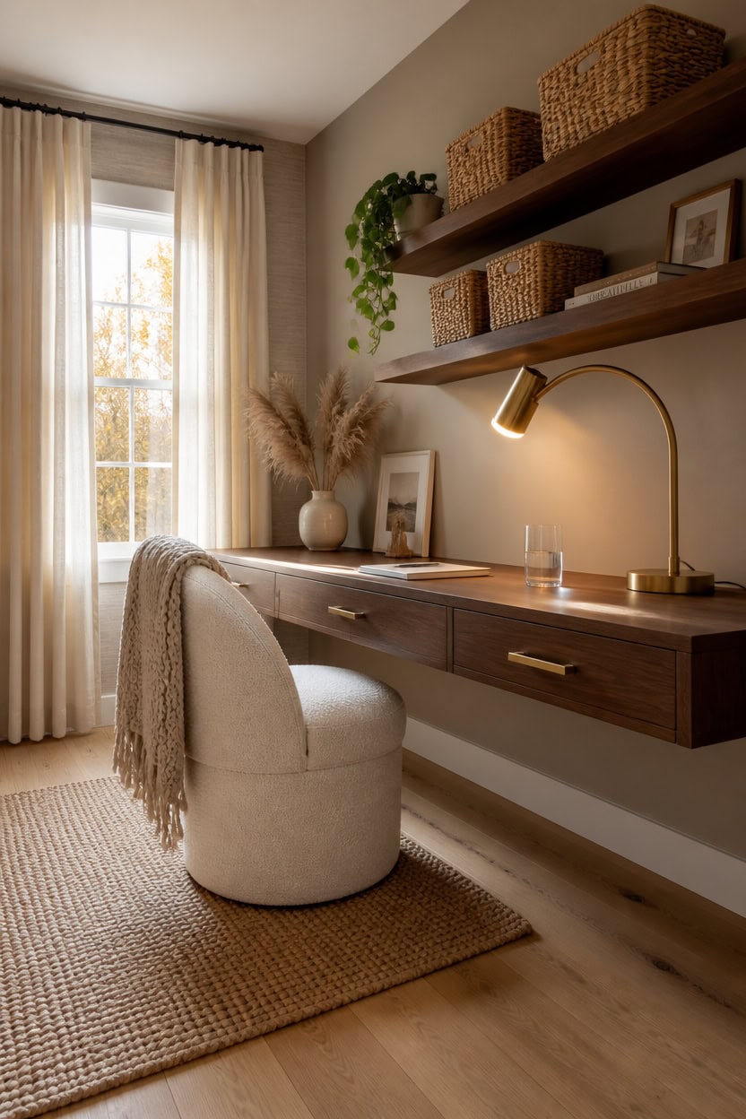 Bright home office with a large window, neutral decor, and a wooden desk for productive workspaces.