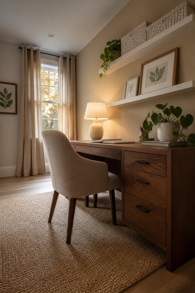 Bright home office featuring a wooden desk, beige chair, and decorative plants. Perfect for work or study in a warm, inviting.