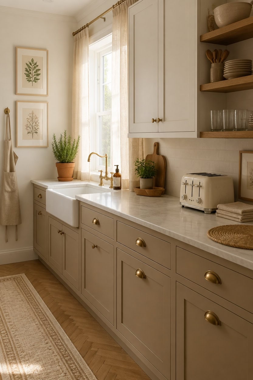 Bright kitchen featuring a farmhouse sink, white cabinetry, and open wooden shelves with dishes and glassware.
