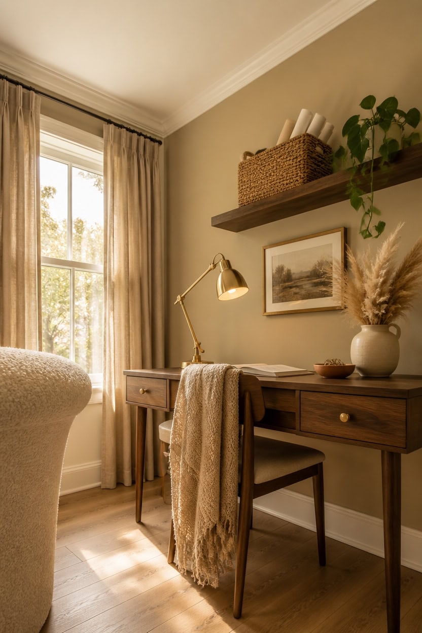 Bright home office with natural light and warm decor.