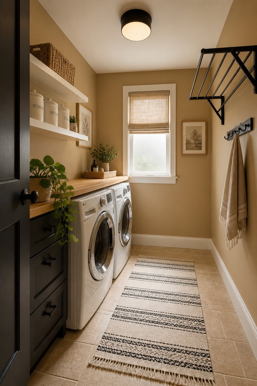 Bright laundry room featuring a front-loading washer, open shelves with storage baskets, and a windo.