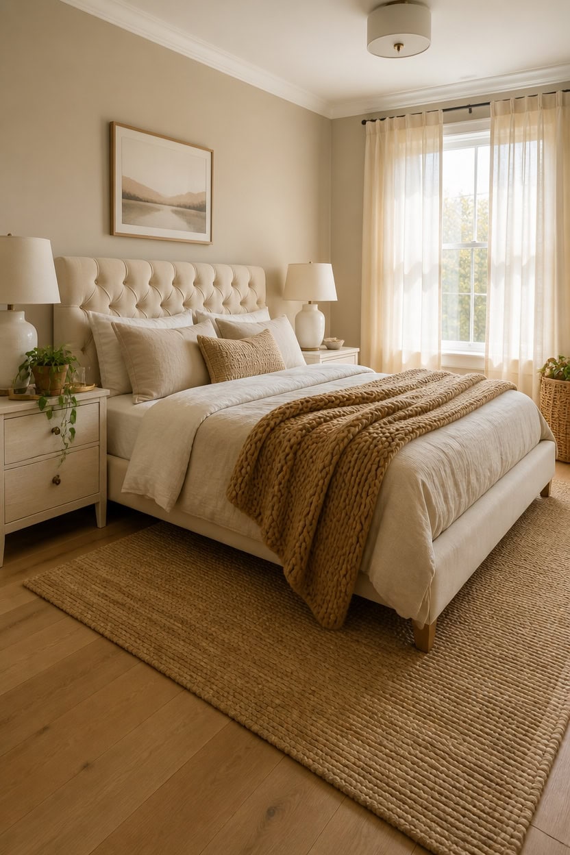 Bright and inviting bedroom with a large window, neutral tones, and plush bedding for a comfortable stay.