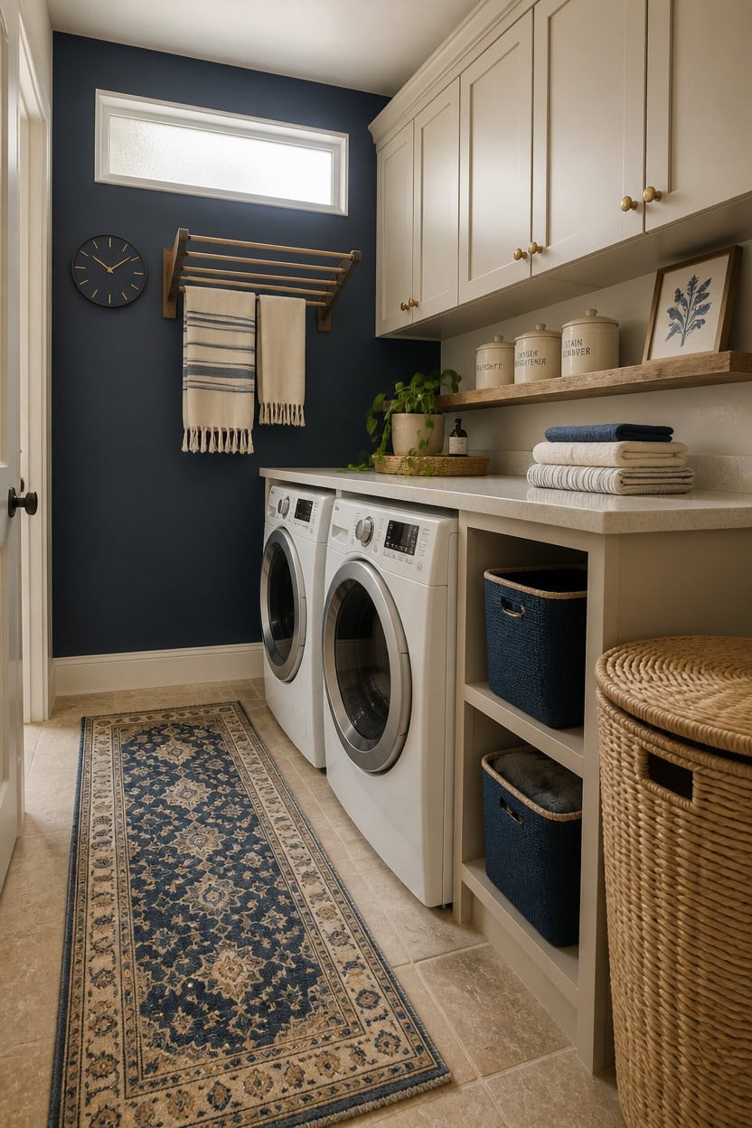 Laundry room with washer, cabinets, and decorative accents in a modern apartment.