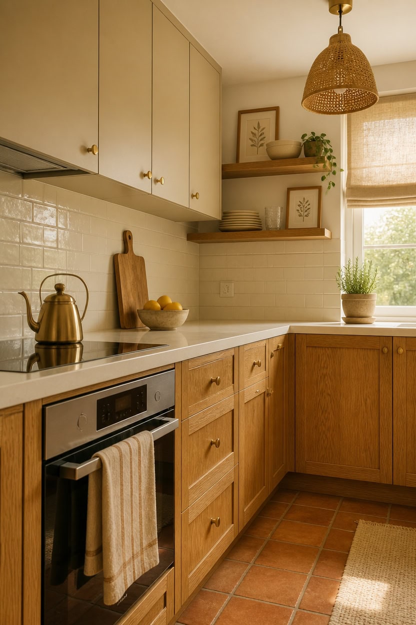 Bright kitchen with wooden cabinets, white countertops, and natural light from window.