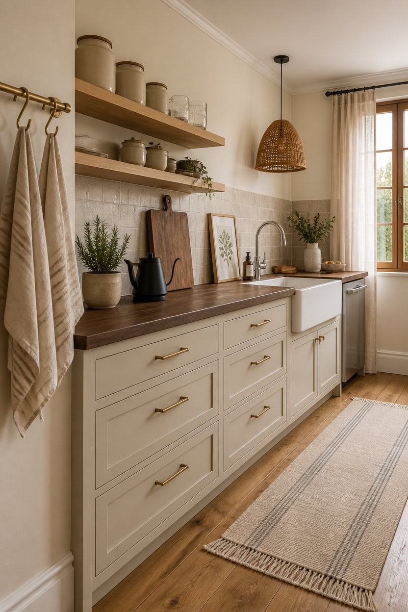 Bright kitchen with farmhouse style, wooden accents, and ample natural light from window.