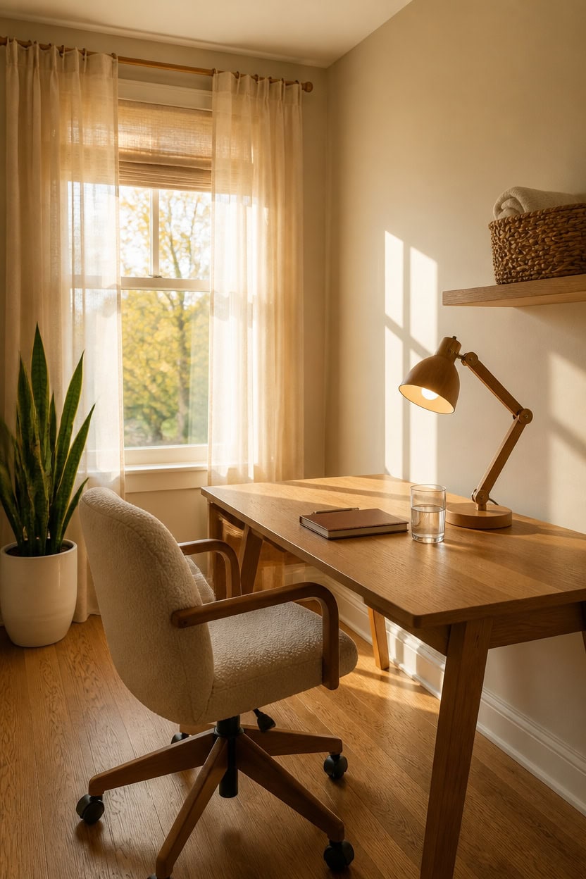 Bright home office with a large window, beige curtains, and warm wooden furniture. Perfect for productivity and comfort.