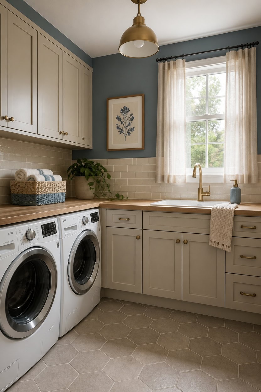 Laundry room with washer and dryer, beige cabinetry, and a window with curtains.