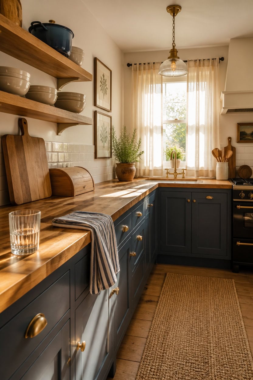 Bright kitchen with blue cabinets, open shelving, and sunlight streaming through sheer curtains.