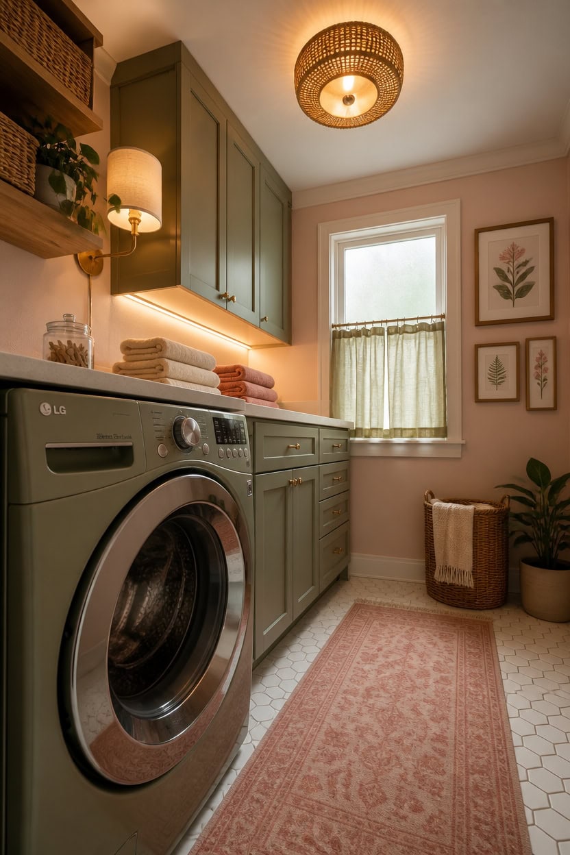 Bright laundry room with pastel green cabinets, a front-loading washing machine, and natural light f.