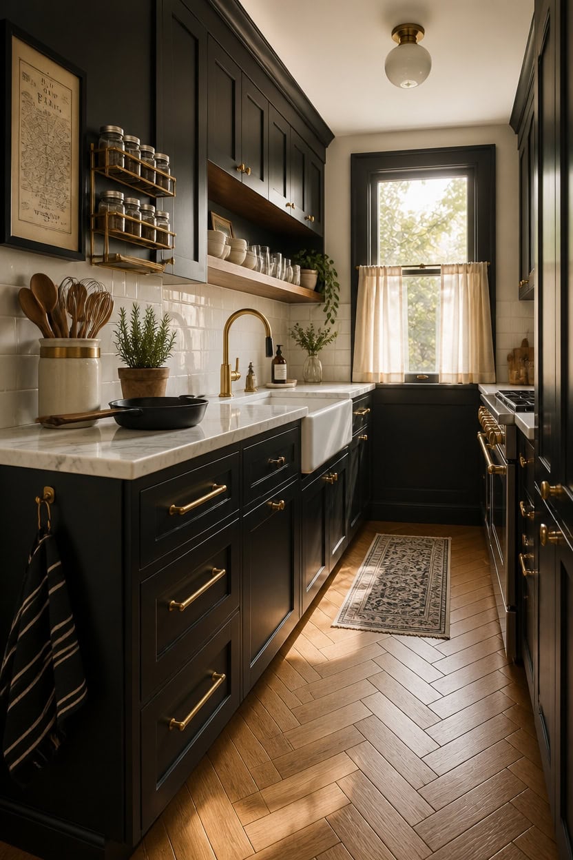 Modern kitchen with dark cabinetry, gold hardware, and natural light from a window. Elegant and func.