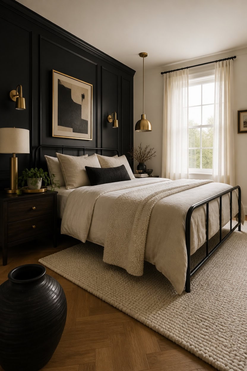 Stylish bedroom with dark accent wall, large window, and modern decor elements.