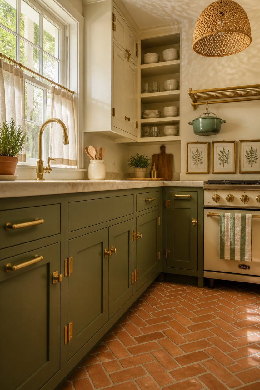 Bright kitchen with green cabinets, open shelving, and natural sunlight from window.