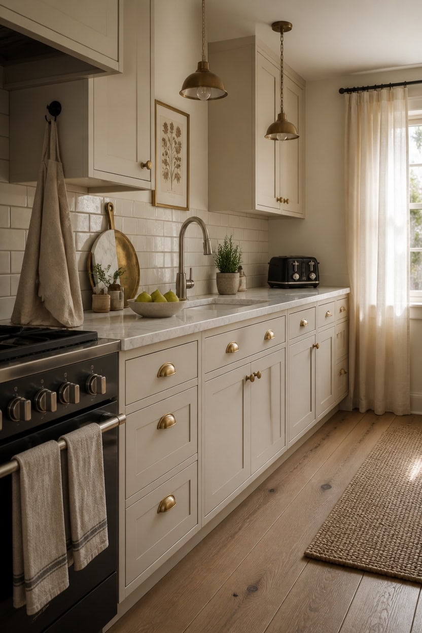 Bright kitchen with white cabinetry, gold hardware, and a large window letting in natural sunlight.
