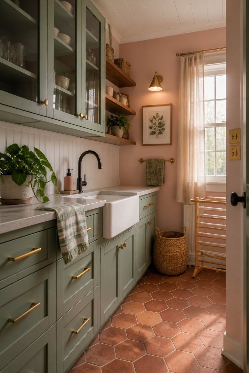 Bright kitchen featuring green cabinetry, farmhouse sink, and warm natural light from a window. Perf.
