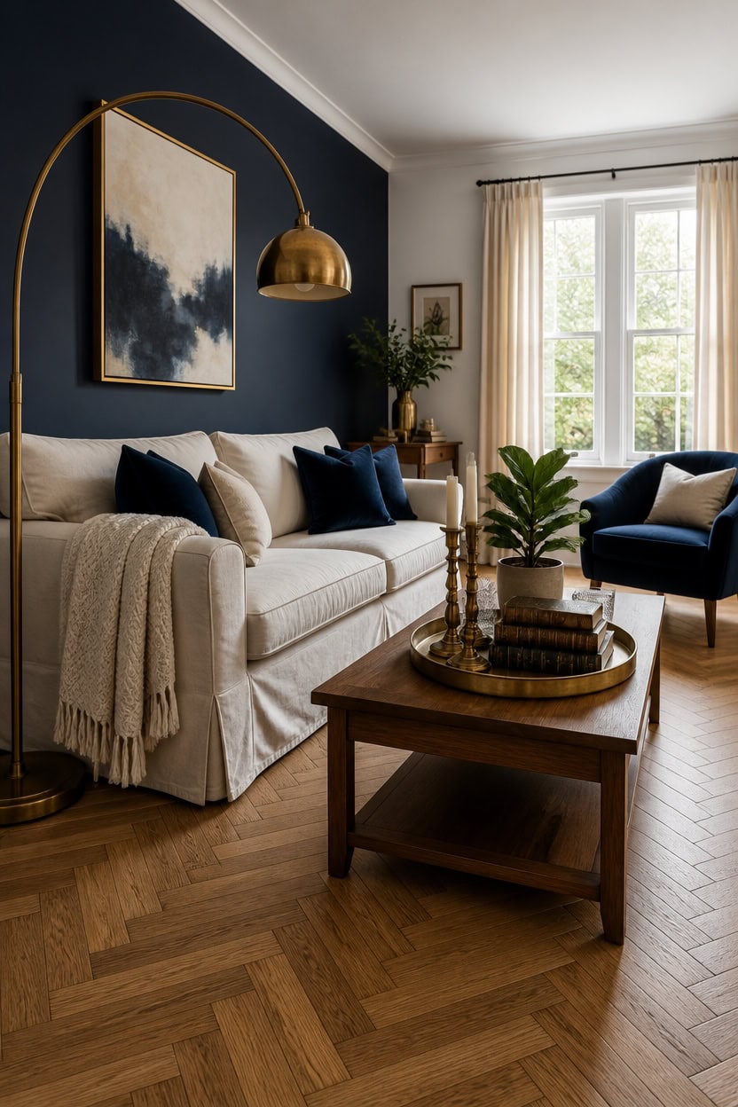 warm burnished brass with navy
