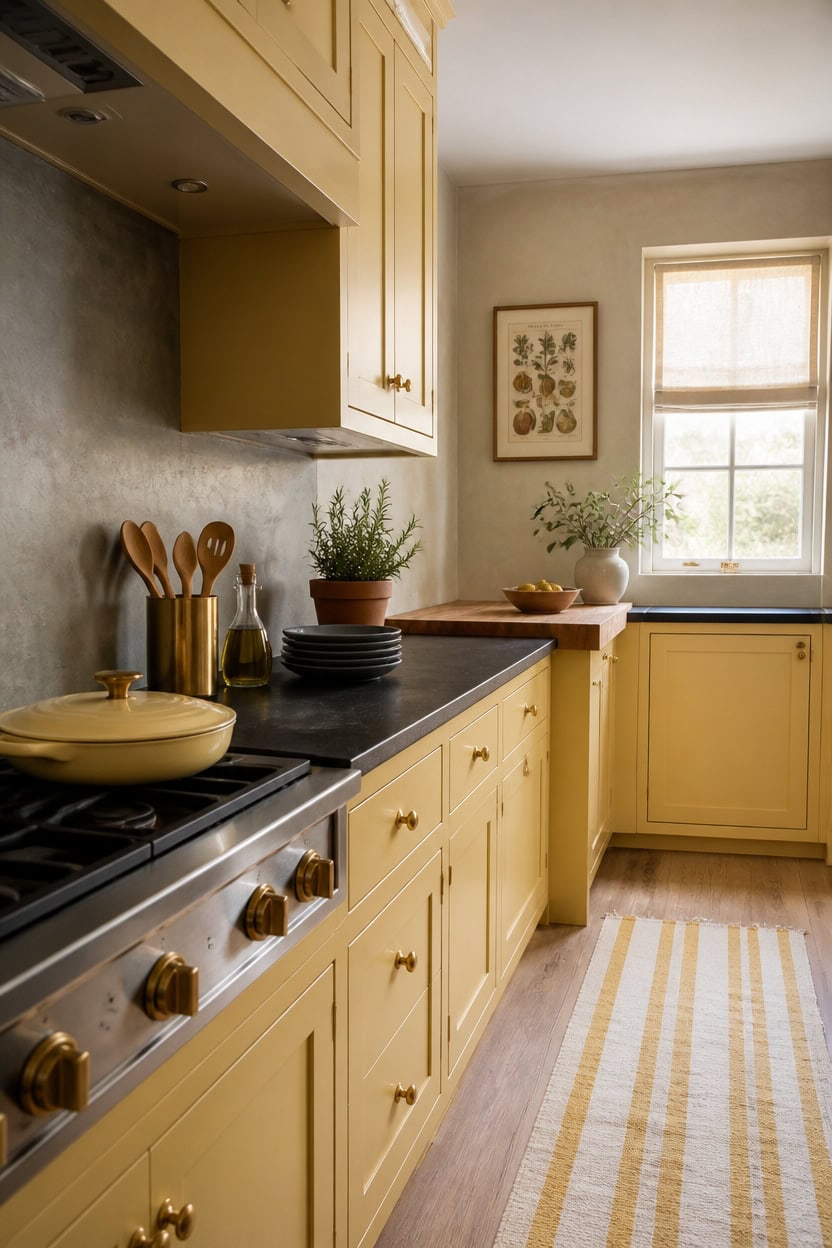 Bright yellow kitchen cabinets with black countertops and modern appliances.