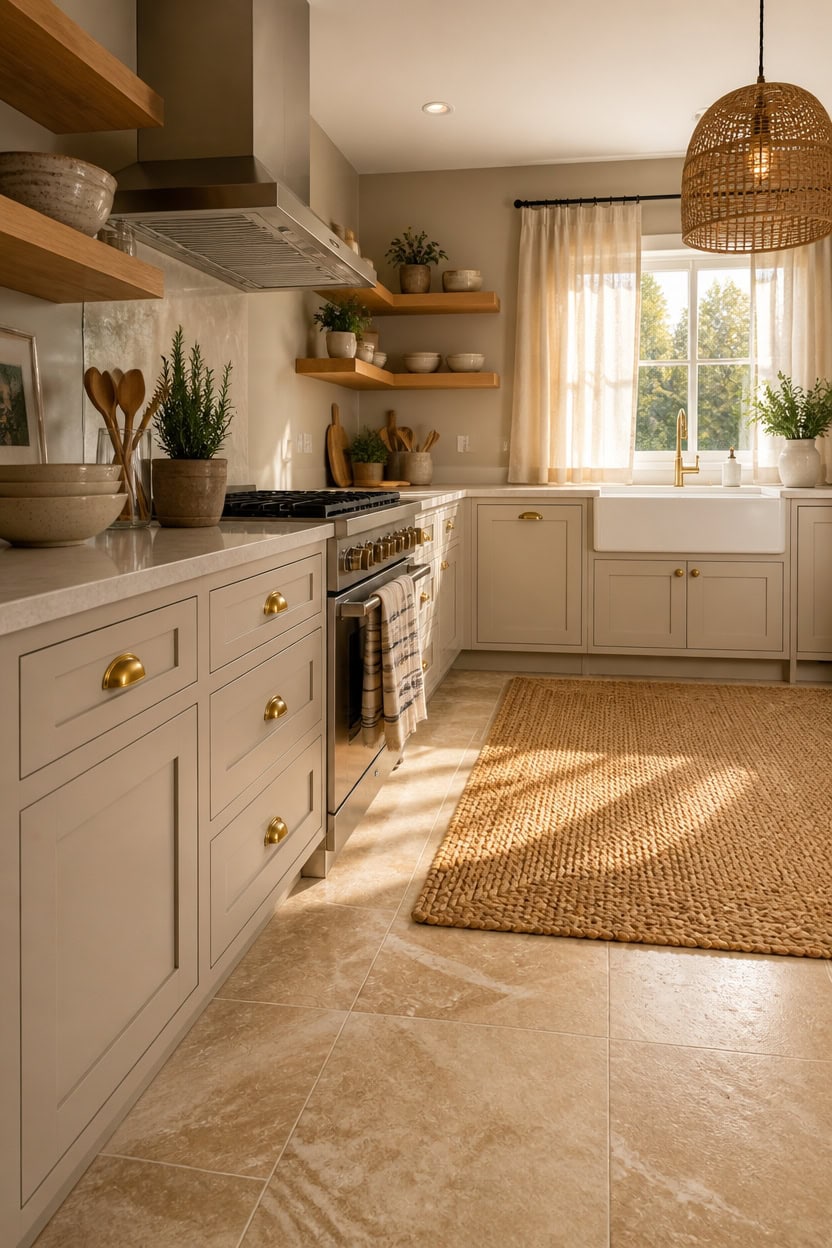 Bright kitchen with white cabinetry, open wooden shelves, and large window letting in natural sunlig.